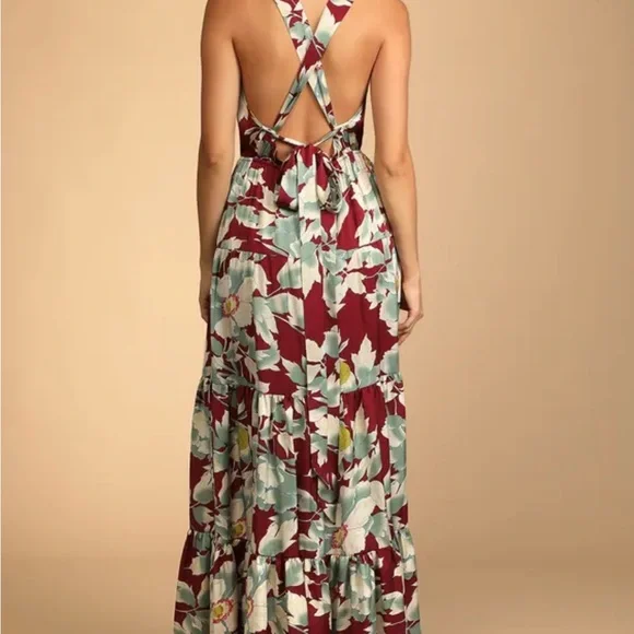 Lulu's Heat Wave Babe Burgundy Floral Print Tie-Back Tiered Maxi Dress - Picture 6 of 6